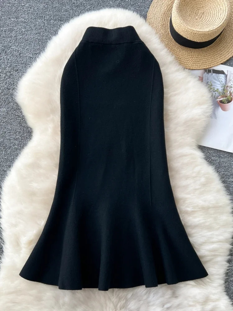 High Waisted Vintage Knitted Skirt Women Ruffled Slit Fishtail Office Midi Skirts Autumn Winter Woolen 250220