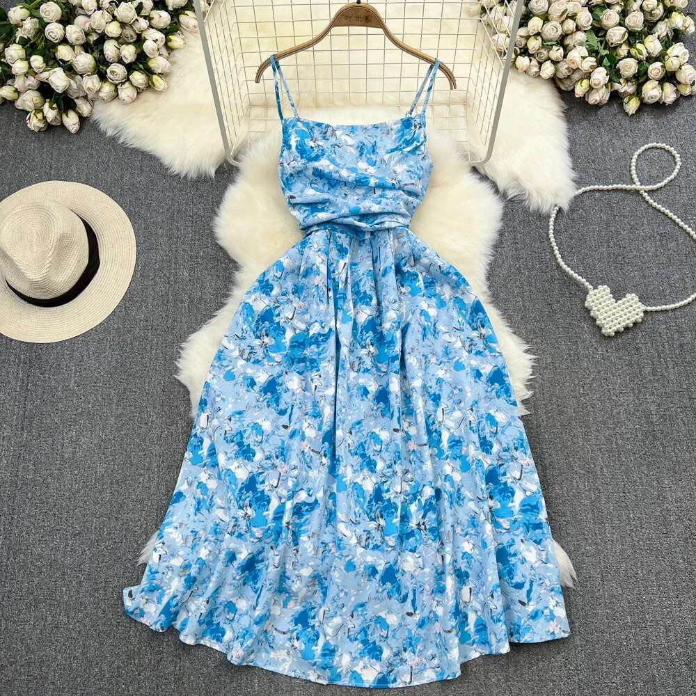 2024 New Romantic ral Long Vintage Rose Print High Waist Spaghetti Strap Summer Dress Lady Beach Sundress