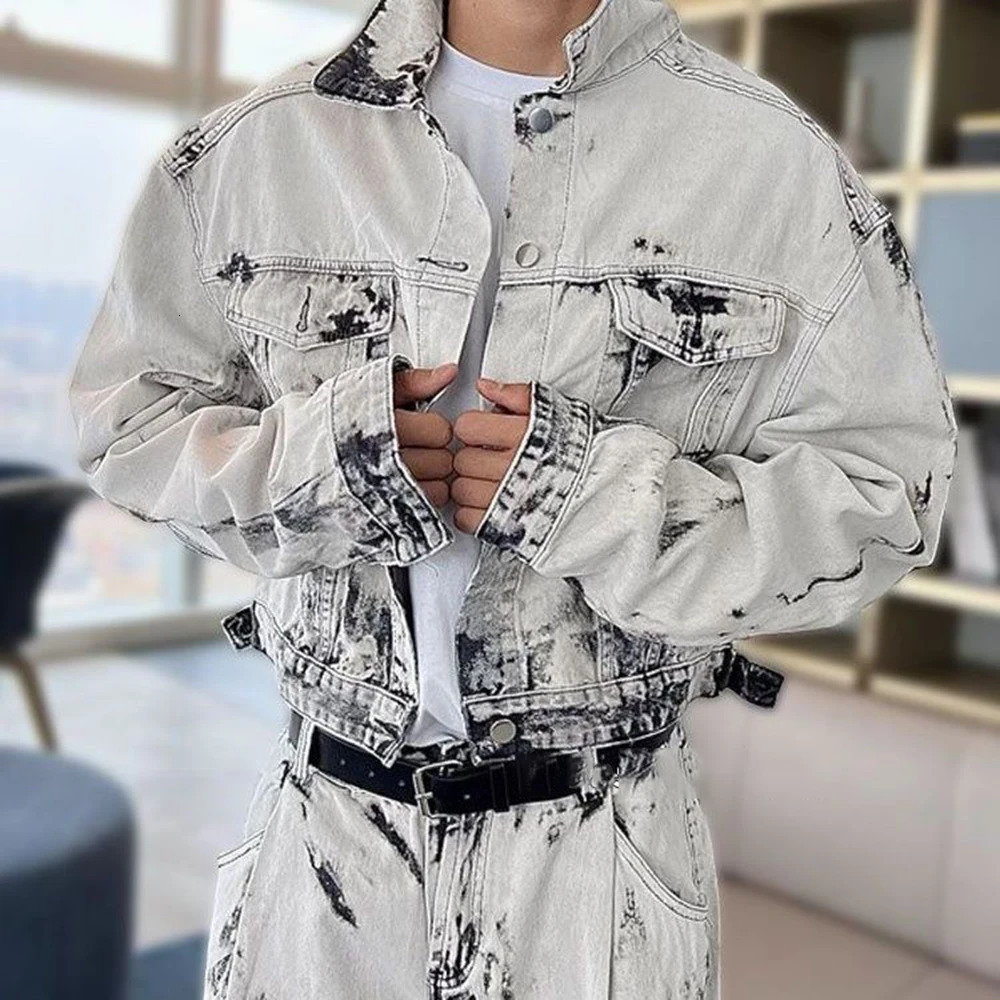 Mens Denim Y2k Tie-Dye Jacket Trousers Spring Streetwear Fashion Trends Youth Campus Performance Sets MenS Clothing 250220