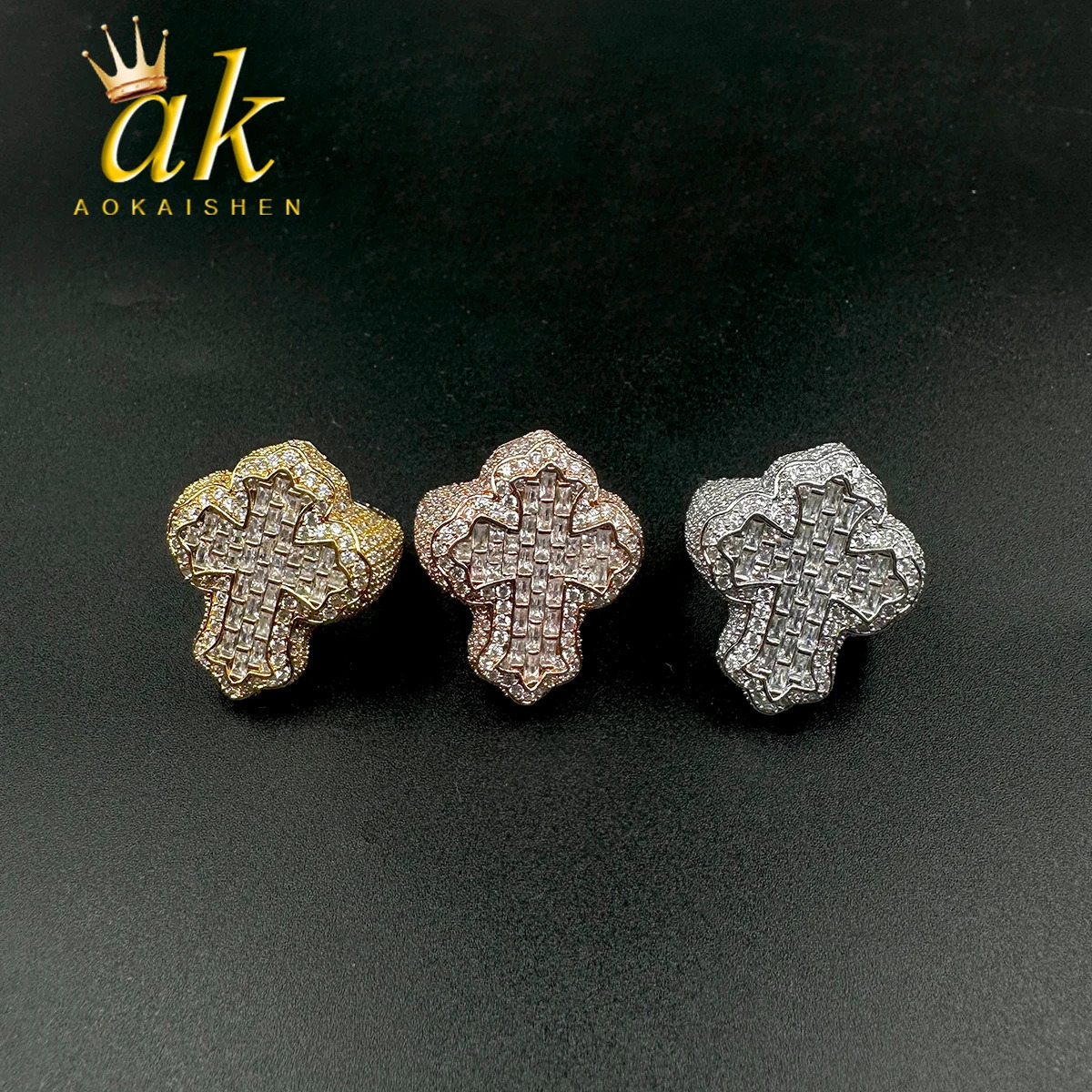Aokaishen Cross Finger Ring Iced Out AA Zircon Prong Setting Fashion Luxulry Men Hip Hop Jewelry for Gift 250218