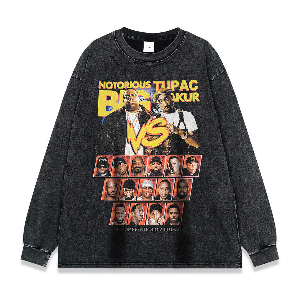 Rap series hip-hop print 260g washed and distressed long sleeved T-shirt for men tee American fashion label