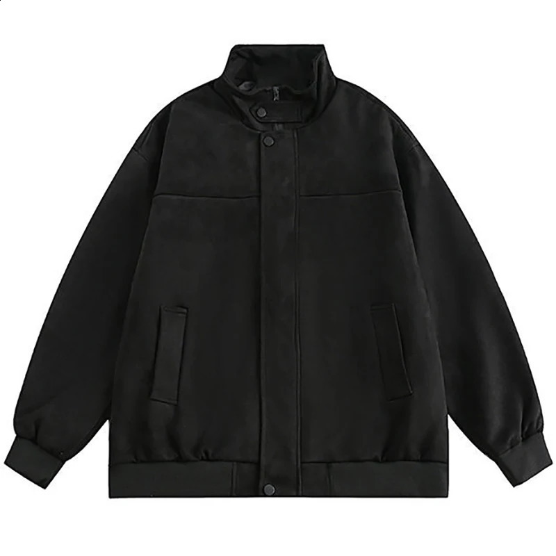 Chamois Mens Bomber Jacket Japanese Solid Color Winter Baseball Leather Jackets Male Coat Return Stand Collar Hunting 250218