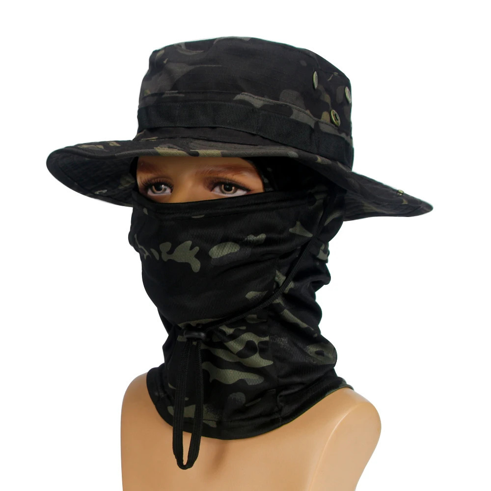 Camouflage Wide Brimmed Hat Balaclava Set Mens Outdoor Sunshade Boonie Cap Foldable Fisherman Fishing Sun Protection 250210