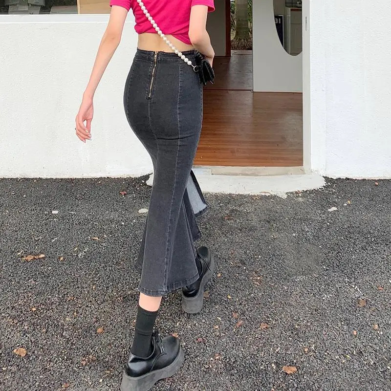 150 Short Denim skirt High waisted vintage midlength split hip wrap fishtail xs Autumn and winter dress to show height 250220