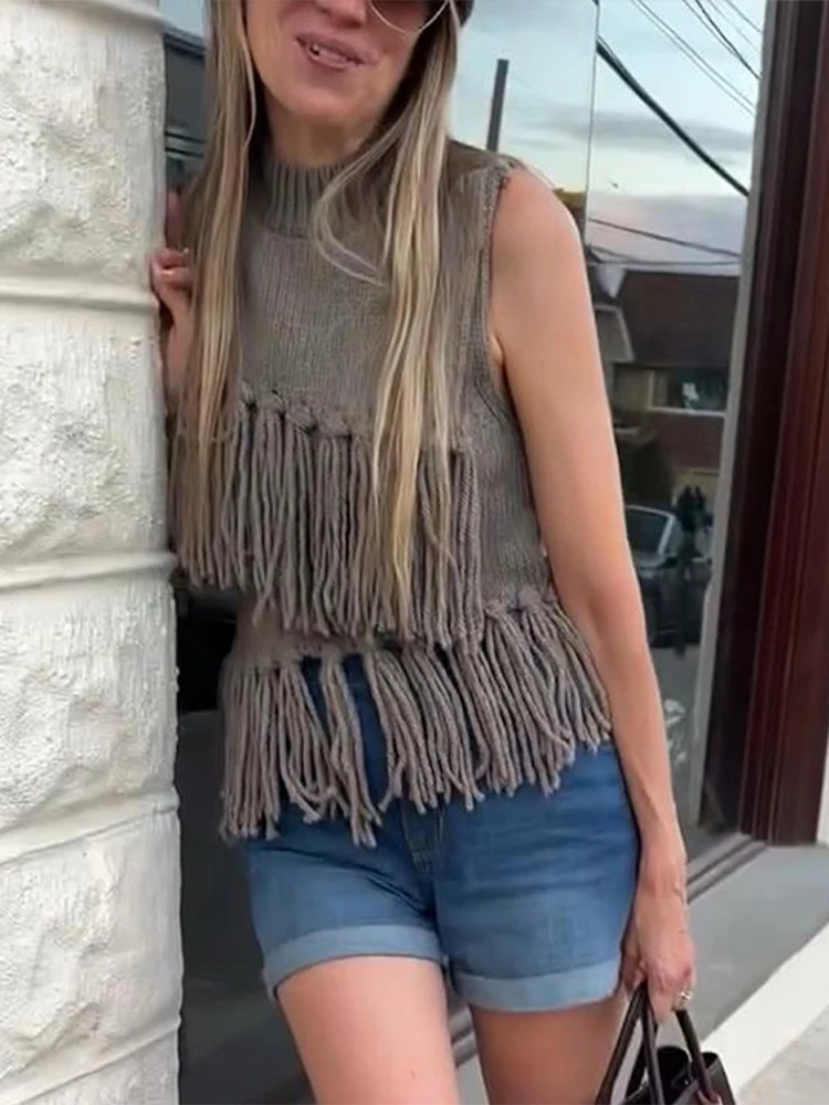 Leisure tassel knitted womens vest sleeveless turtle neck womens vest splicing work spring elegant ultra-thin irregular womens knitting 250218