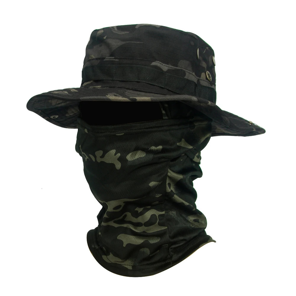 Camouflage Wide Brimmed Hat Balaclava Set Mens Outdoor Sunshade Boonie Cap Foldable Fisherman Fishing Sun Protection 250210