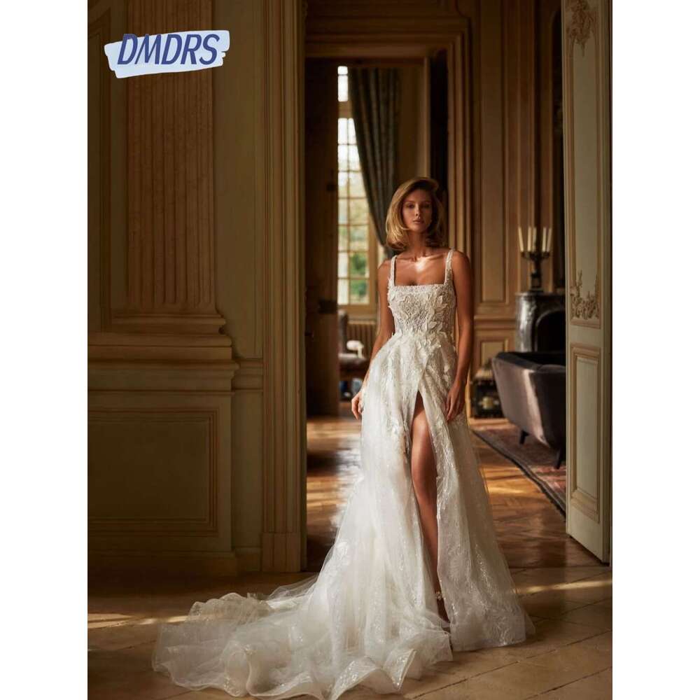 Sweet a ha pearls ral romantic zipper back modern side slit custom female bright square neck wedding dress