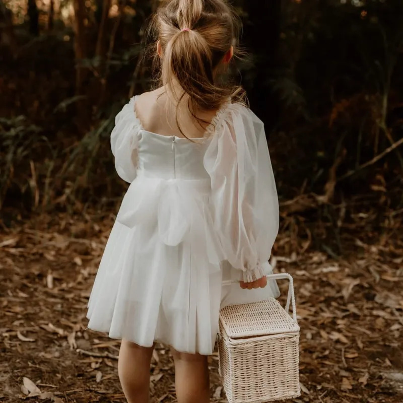 Baby Girl Princess Mesh Tutu Dress White Infant Toddler Child Long Sleeve Tulle Vestido Wedding Birthday Party Baby Clothes 2-6Y 250220
