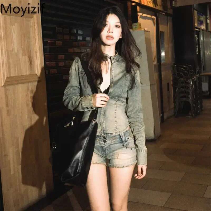 American Spicy Girl Washed Old Slim Denim Jackets Tops Spring New Fashion Stand up Neck Zipper Short Coat Women Clothing