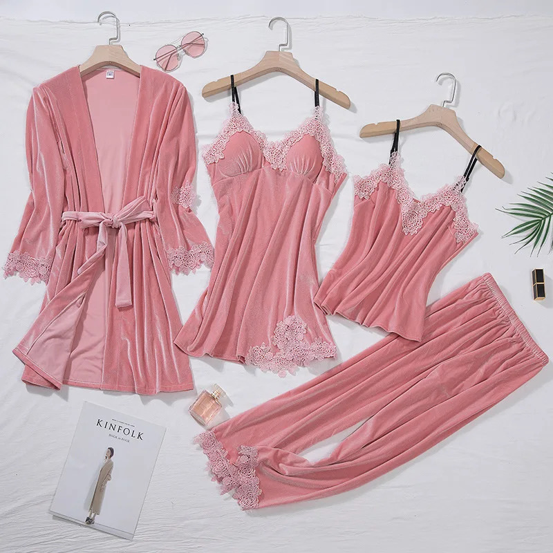 TOP Casual Velour Home Clothing 4pcs Sleep Set Intimate Lingerie Women Pyjamas Suit Long Sleeve Lace Velvet Homewear Pyjamas 250219