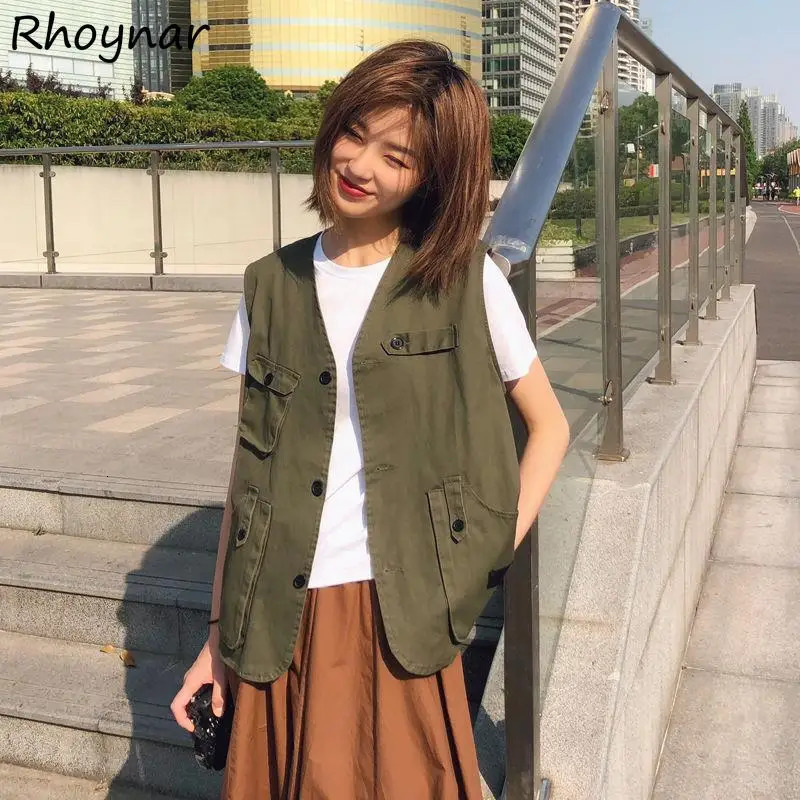 Army Green Vests Women Safari Style Korean Fashion Mujer Bf All-match Summer Breathable Pockets V-neck Simple Casual 250219