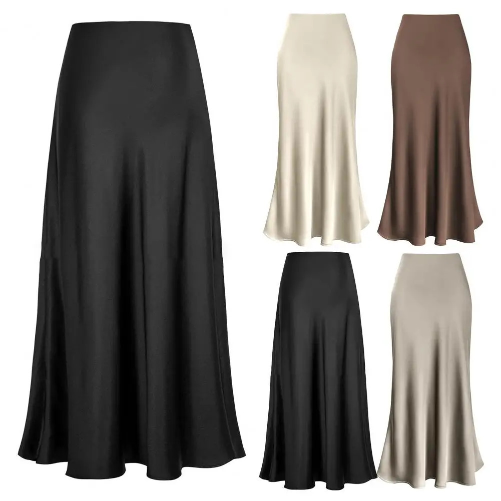 Fishtail Maxi leather elegant synthetic silk satin womens high waisted Aline office solid color glossy finish 250220