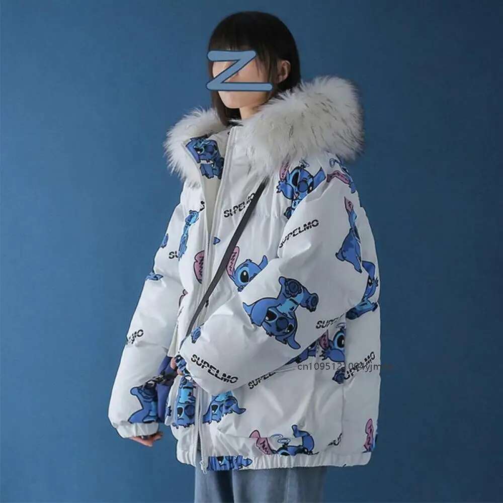 Cute Print Down Jacket Winter New Korean Version Loose Cotton Trend Casual Warm Versatile Zipper Coat