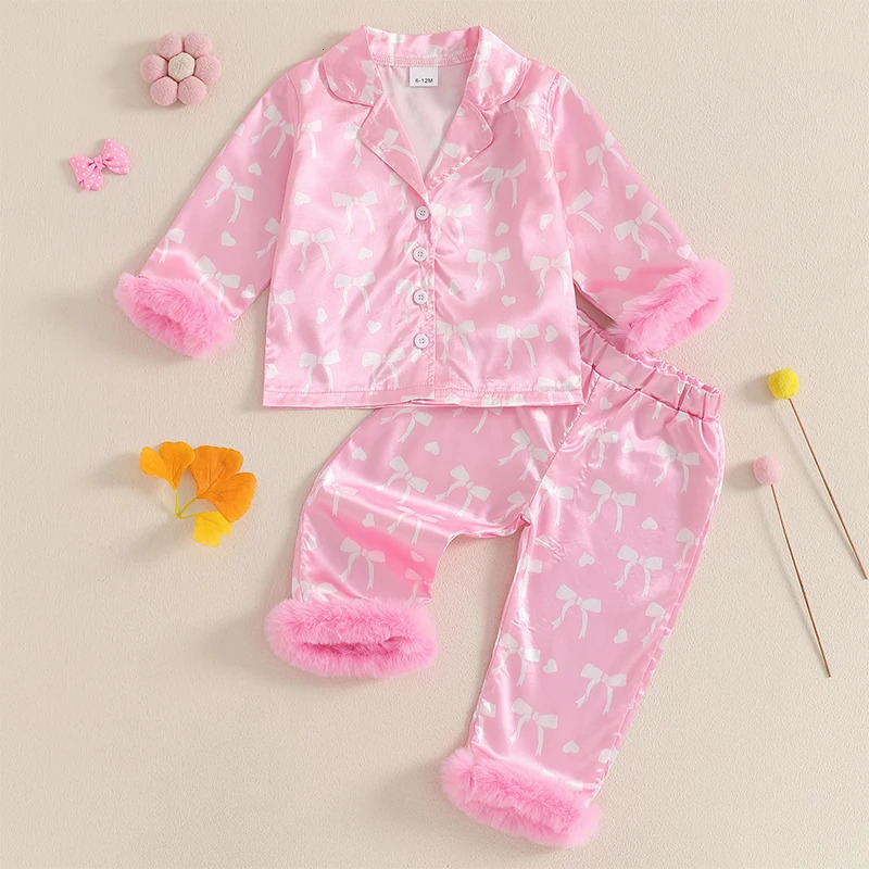 Toddler Girl Pajamas Valentines Day Baby Silk Satin Nightgown Little Kids Girls Pjs Button Down 2 Piece Pajamas Set 250219
