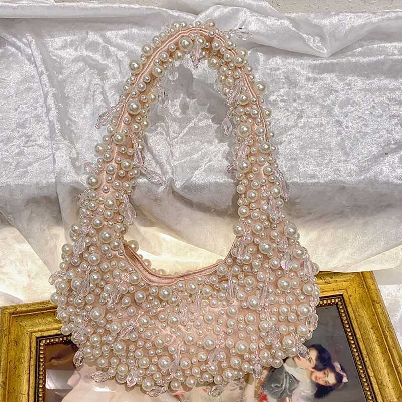 Sweet, fresh, cute, simple, casual, pearl crystal bead fashion, niche design, handbag, shoulder bag, underarm bag 250215