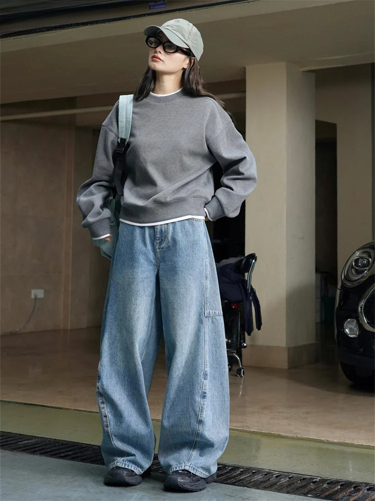 2024 Spring Curved High Waist Wide Leg Jeans Women Loose Casual Denim Pants Blue