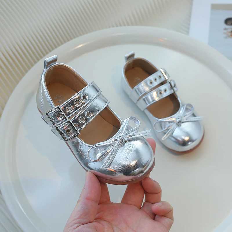 Girls Mary Jens Silver Light Bow Round Toe Childrens Princess Shoes Fashion Full Match Daily Spring Childrens Flat Shoes 24-35 X250220