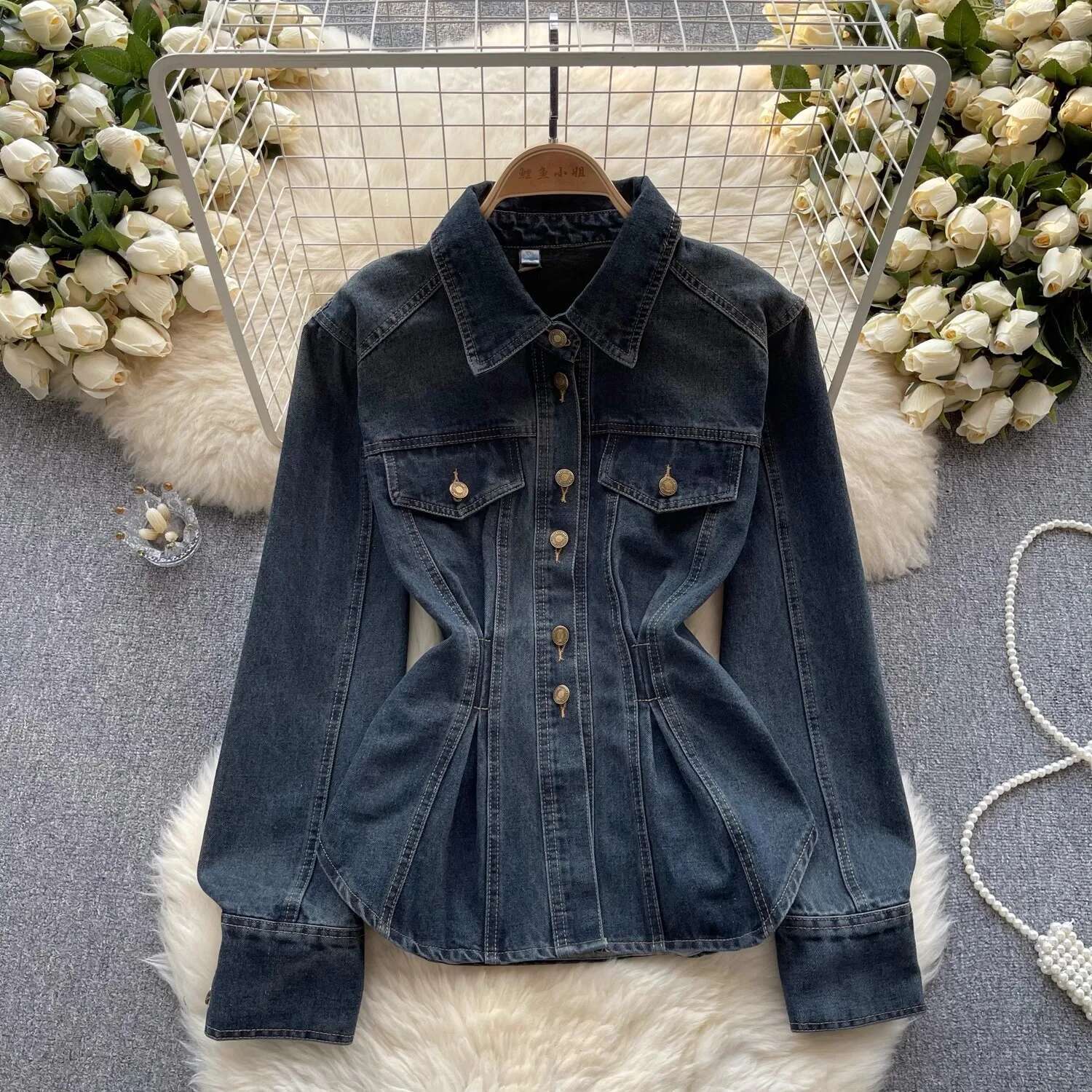 Vintage Washed Distressed Denim Jacket Autumn Women's Single-Breasted Tunic Shirt Long Sleeve Turn-Down Collar Jean Blouses Tops