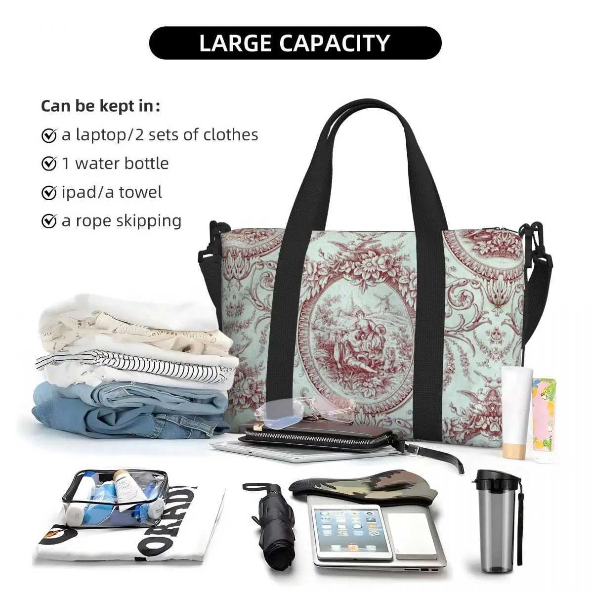Customized French Toilet De Jouy Navy Blue Pattern Handbag Womens Large Capacity Traditional Art Gym Beach Shoulder Travel Bag Z250219