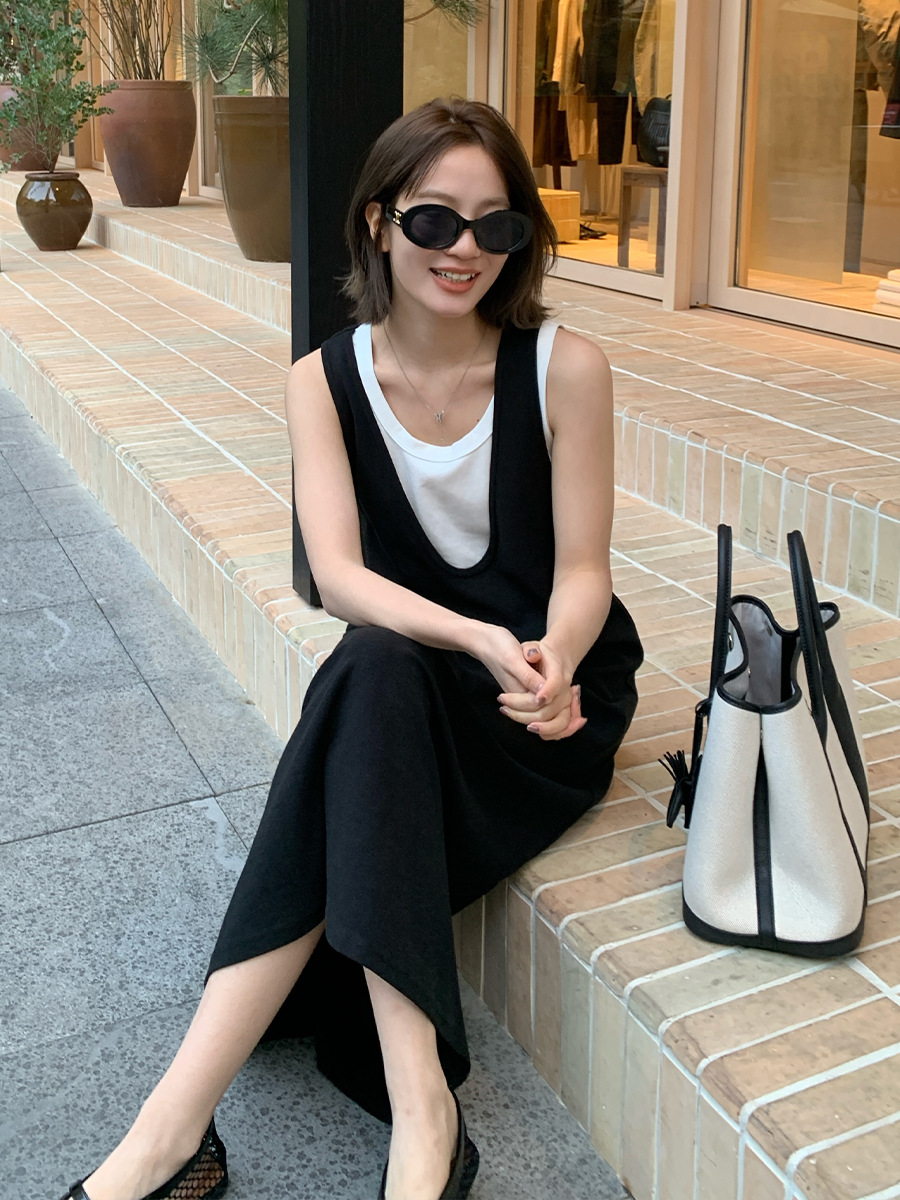 F504947 two-piece contrast vest + dress 2025 spring Korean version simple long skirt
