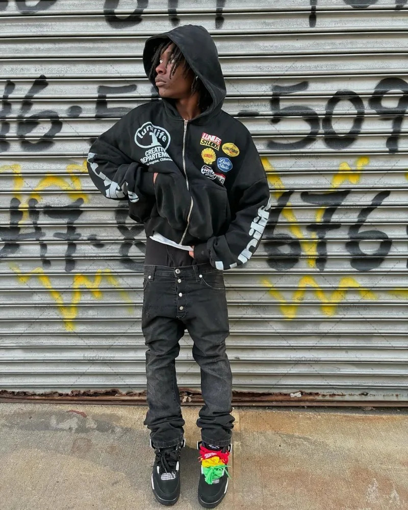 Trend Harajuku Streetwear Jacket American Retro Badge Printed Zipper Hoodie Men Hiphop Punk Casual Oversized Sweatshirt 250219