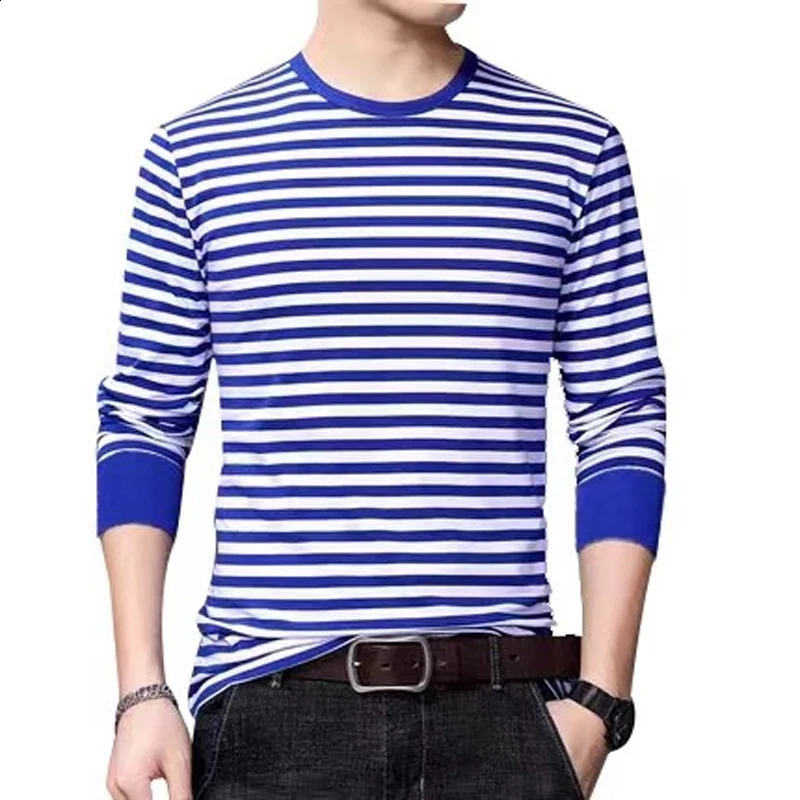 Mens Striped Long Sleeve Tshirt Retro Round Neck Rib Cuff Sailor Top Casual Pullover Navy Style Clothing 250218