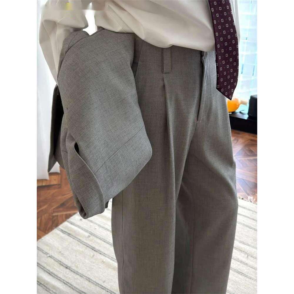 Hanorange 2025 Spring Quiet High Intelligence Silhouette Trousers Women Wing Stylish Wide Leg Pants Mixed Gray/Dark Tea Brown