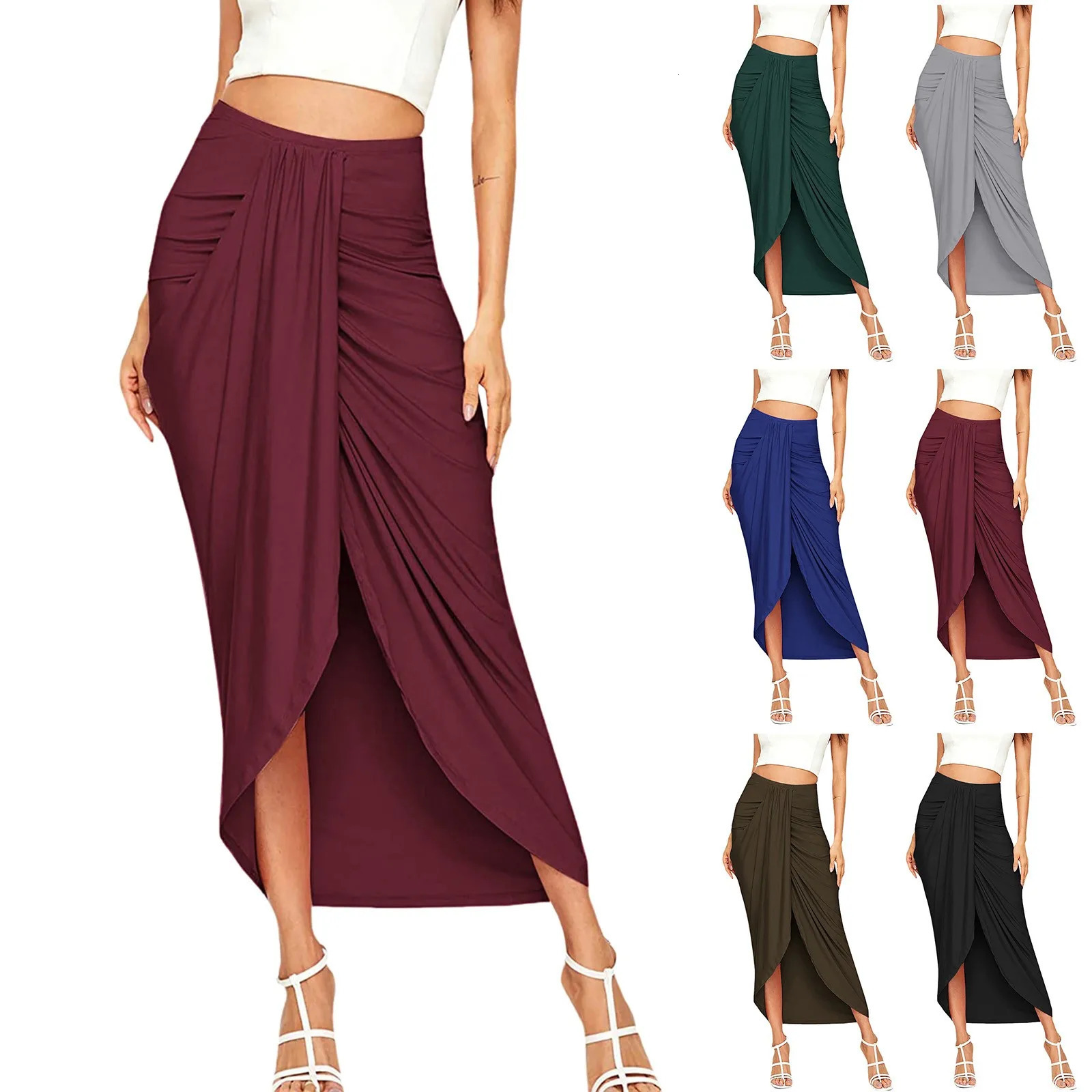 Chic Elegant Party Wine Skirt Asymmetrical Casual Slit Wrap Elastic High Waist Maxi Draped Skirts 2023 Women 250220