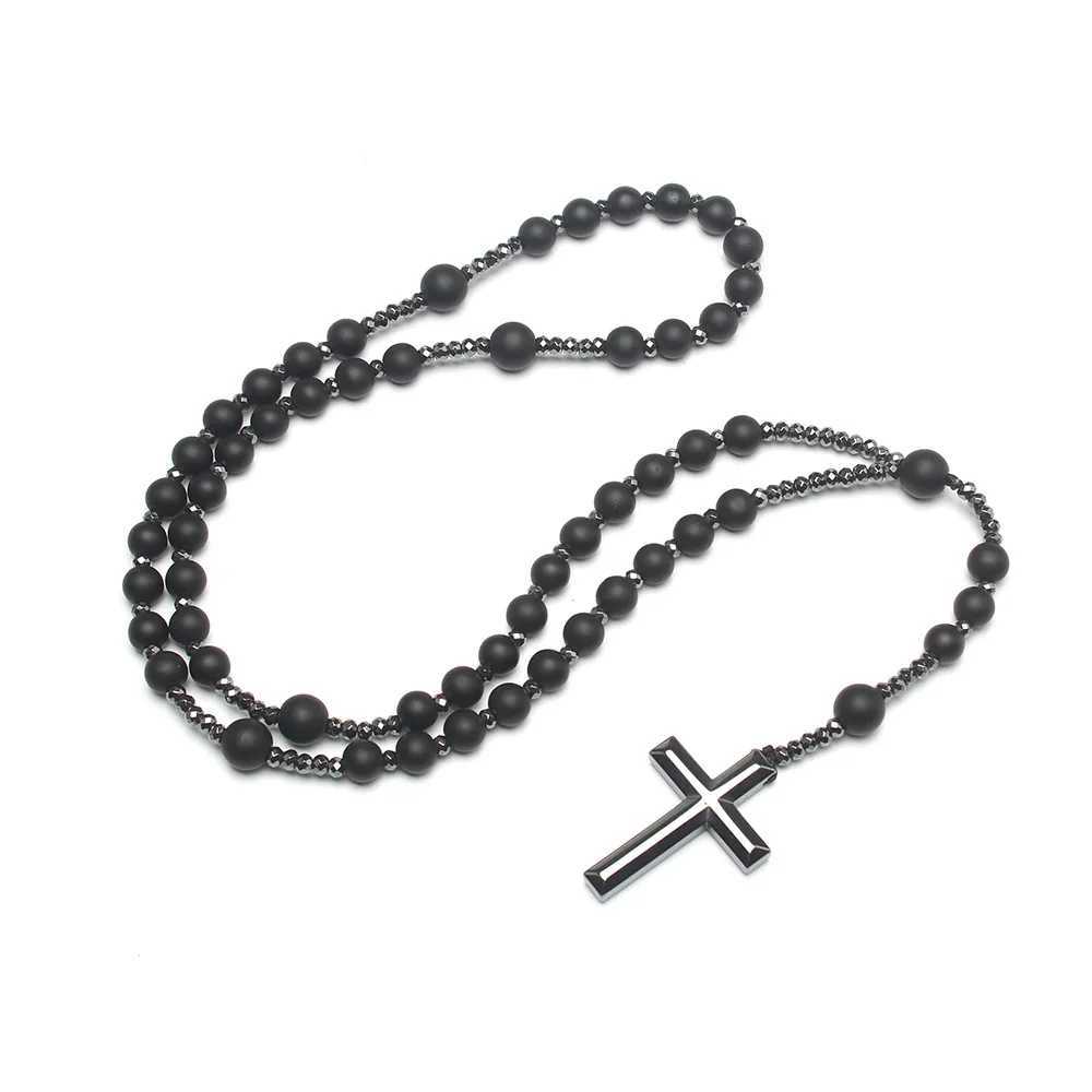 Natural Stone Tiger-eye Beads Hematite Cross Pendant Necklace for Men and Women Rosary JewelryXJ250219