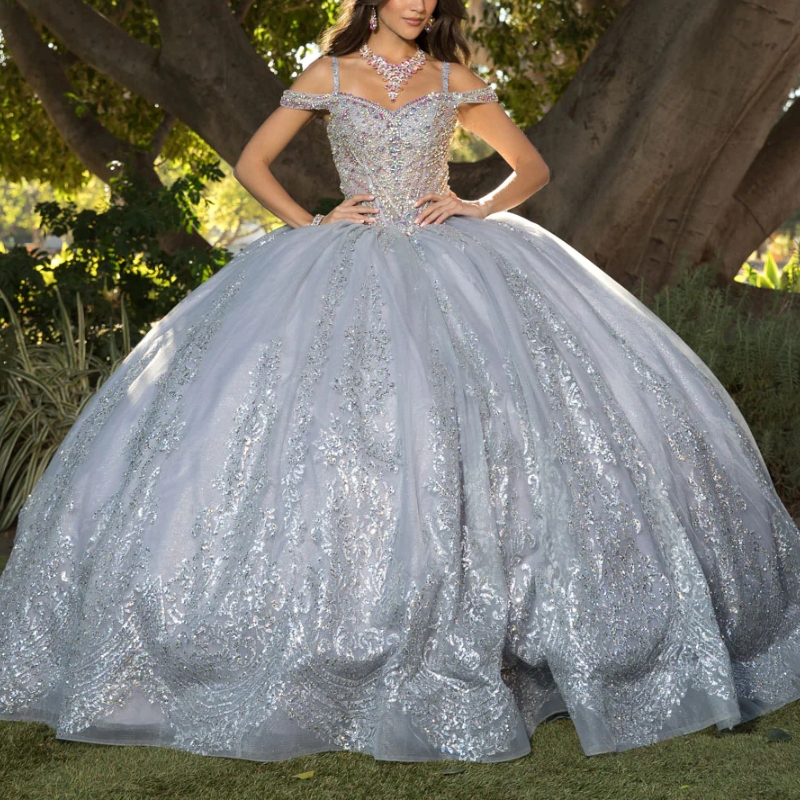 Silvery Shiny Quinceanera Dresses Ball Gown Off The Shoulder Applique Lace Beading Crystal Tull Party Birthday Sweet 16 Dress Vestido De 15 Anos