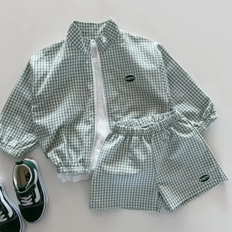 2024 Autumn Boys Plaid Clothes Set Children Sports Wear Boys Spring Long Sleeve Zipper Jacket Shorts Thin Baby Sunshine Sets 250220