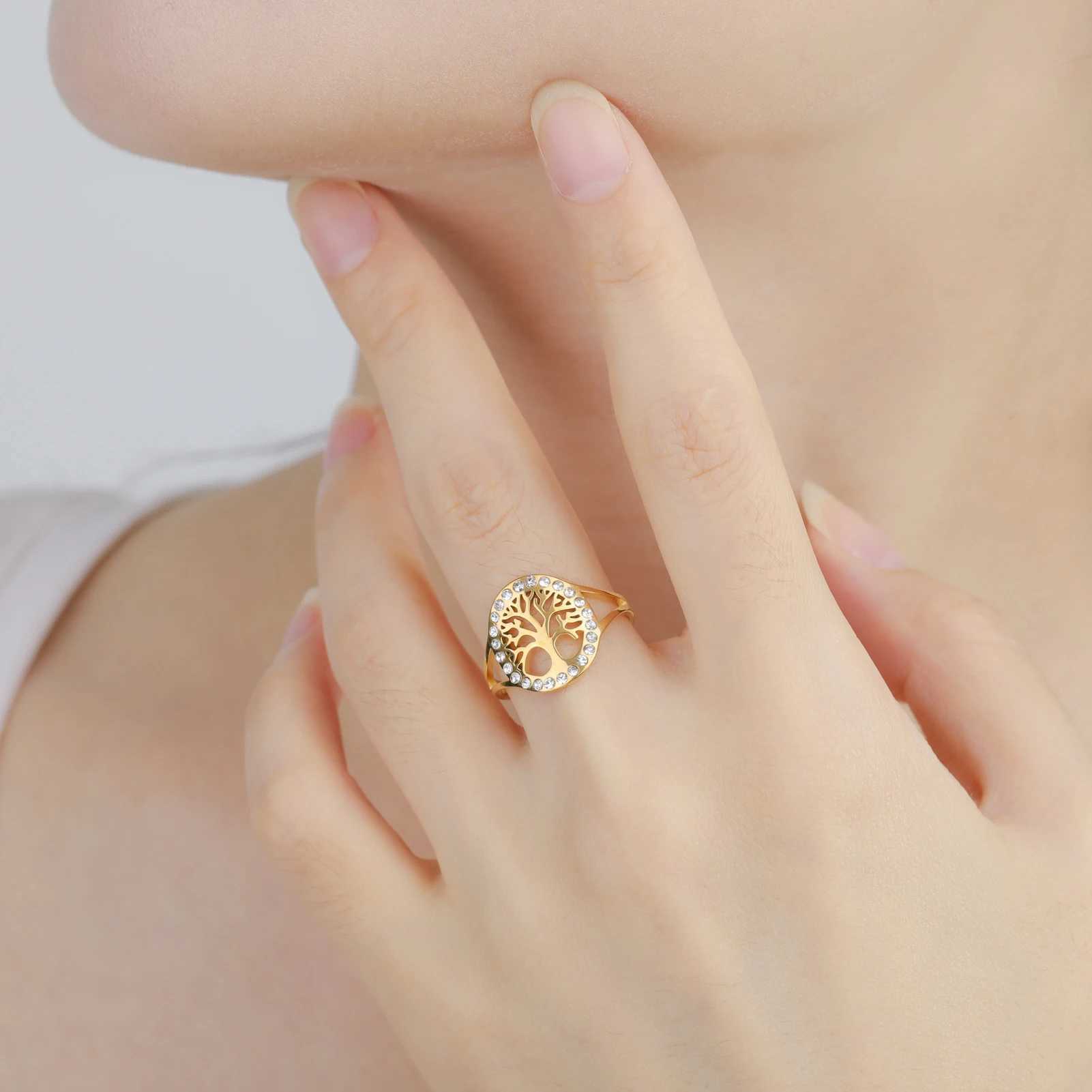 Skyrim Tree of Life Clear Zircon Round Ring Stainless Steel Gold Color Adjustable Wen Finger Rings Amet Jewelry s X250220