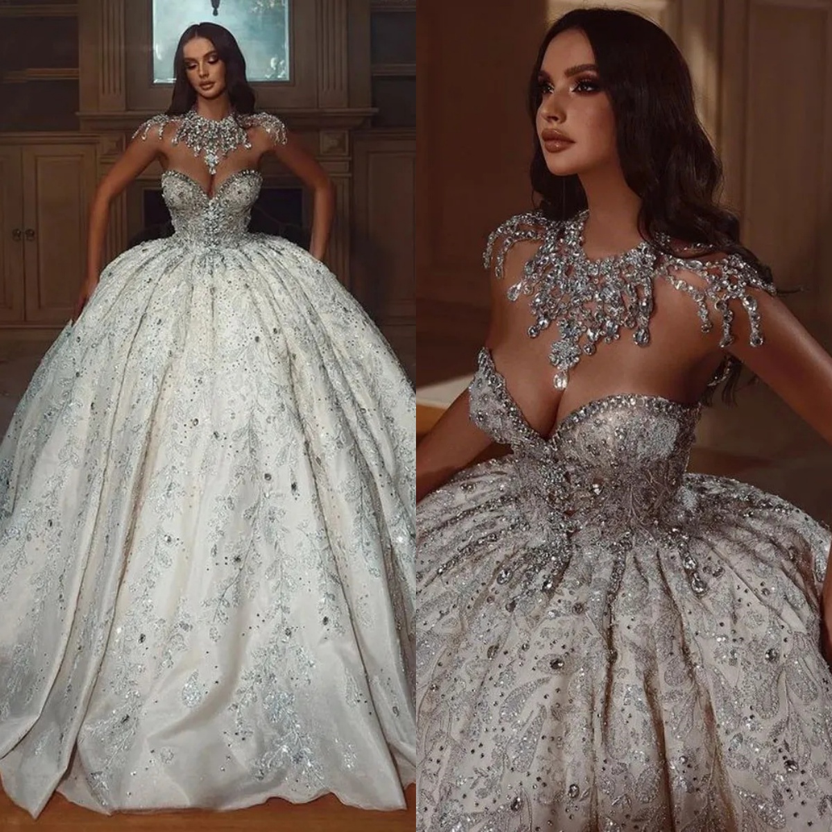 Luxury Strapless Diamonds Crystal Dubai Wedding Dress Ball Gown Sweetheart Sleeveless Beading Saudi Arabic Bridal Gown Vestidos