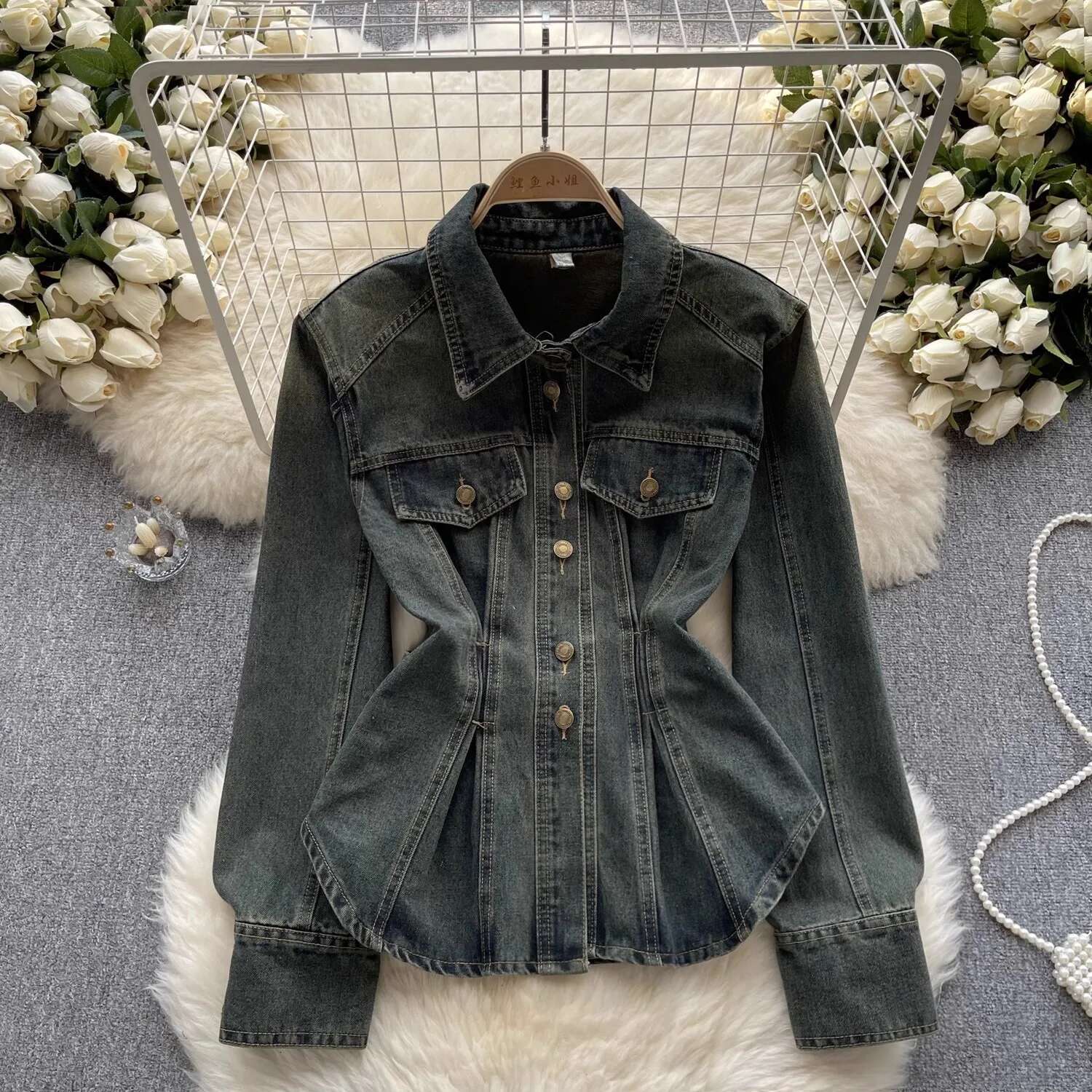 Vintage Washed Distressed Denim Jacket Autumn Women's Single-Breasted Tunic Shirt Long Sleeve Turn-Down Collar Jean Blouses Tops