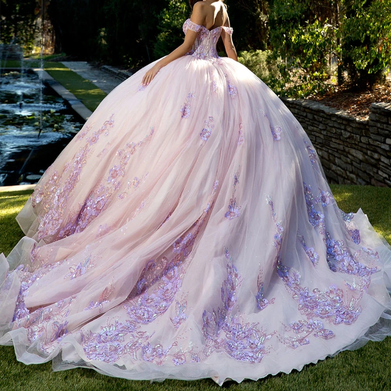 Pink Shiny Quinceanera Dresses Ball Gown Off Shoulder Sequin Appliques Lace Beads Tull Corset Sweet 16 Dress Vestidos 15 de anos