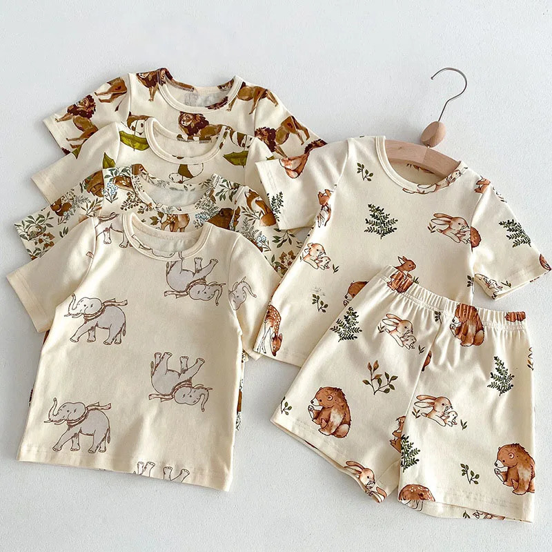 Summer Childrens Pajamas Boys Pure Cotton Short Sleeve Shorts 2-Pcs Set For Home Wear Girls Sleepwear Suit 250219