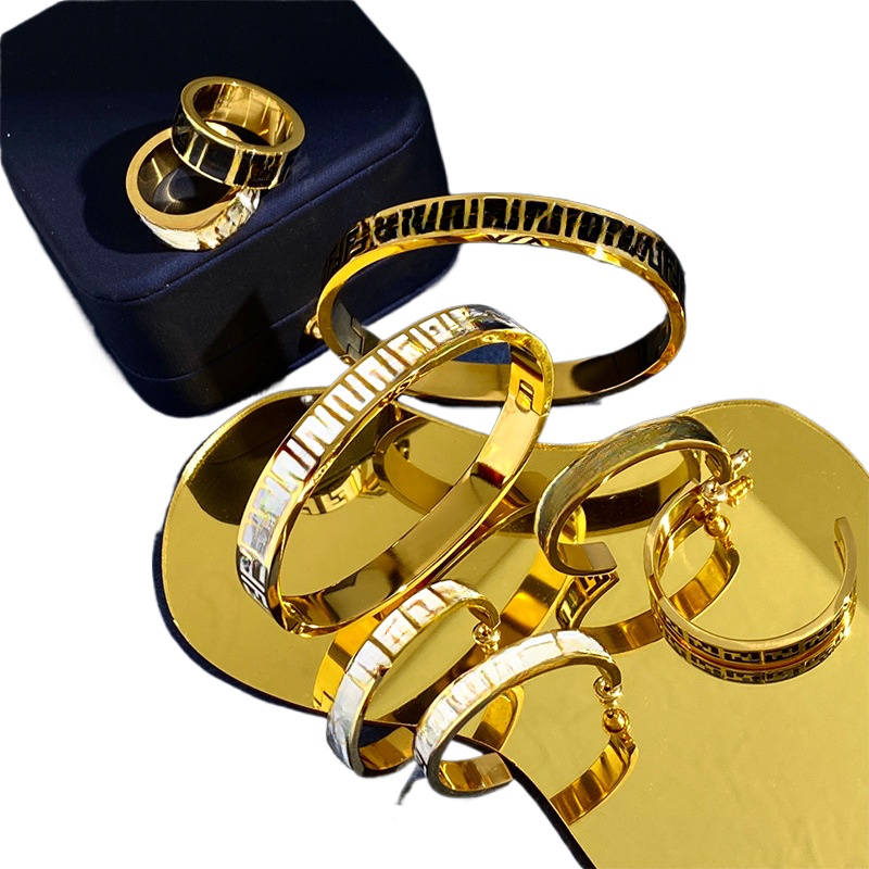 new arrival fashionable and retro titanium steel bracelet rings earrings with double f letters everyday jewelry unique design jewelry