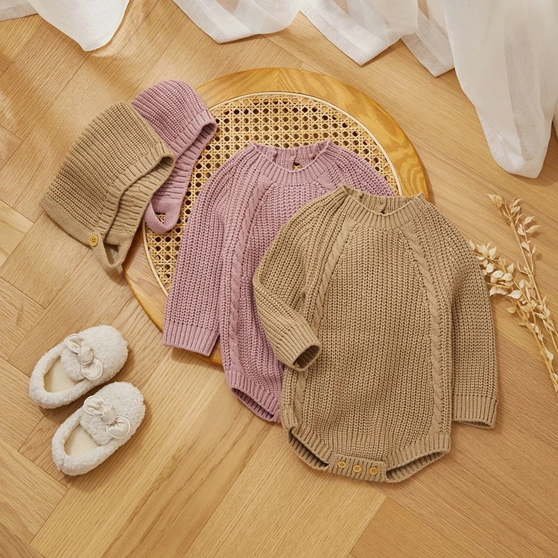 Winter Warm Baby Girls Boys Clothes Knit Romper Sweater Toddler Long Sleeve Solid Knitwear Jumpsuit with Hat for Kid Fall Outfit 250220