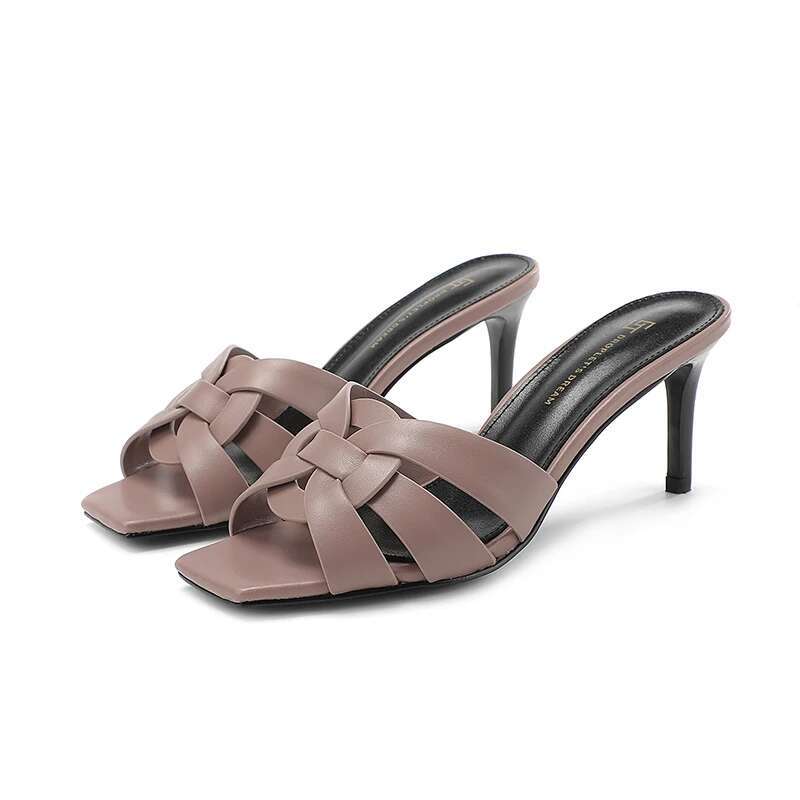 2023 Women's Summer Open Toe Slim Heels Outdoor Genuine Leather Fish Mouth Slippers Beach Casual High Heel Slippers7CM ddmykukumalu