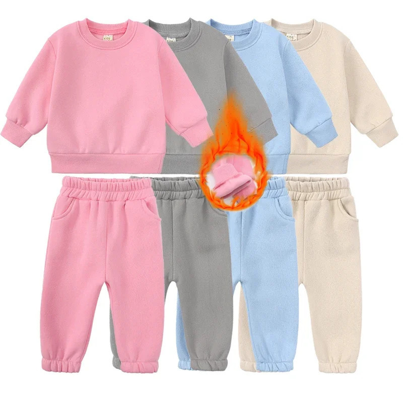 2025 Kid Boys Clothing Tracksuit 2 Pieces Set Warm Fleece Plain Top SweatshirtPants Loungewear Suit Children Girl Clothes 1-13T 250220