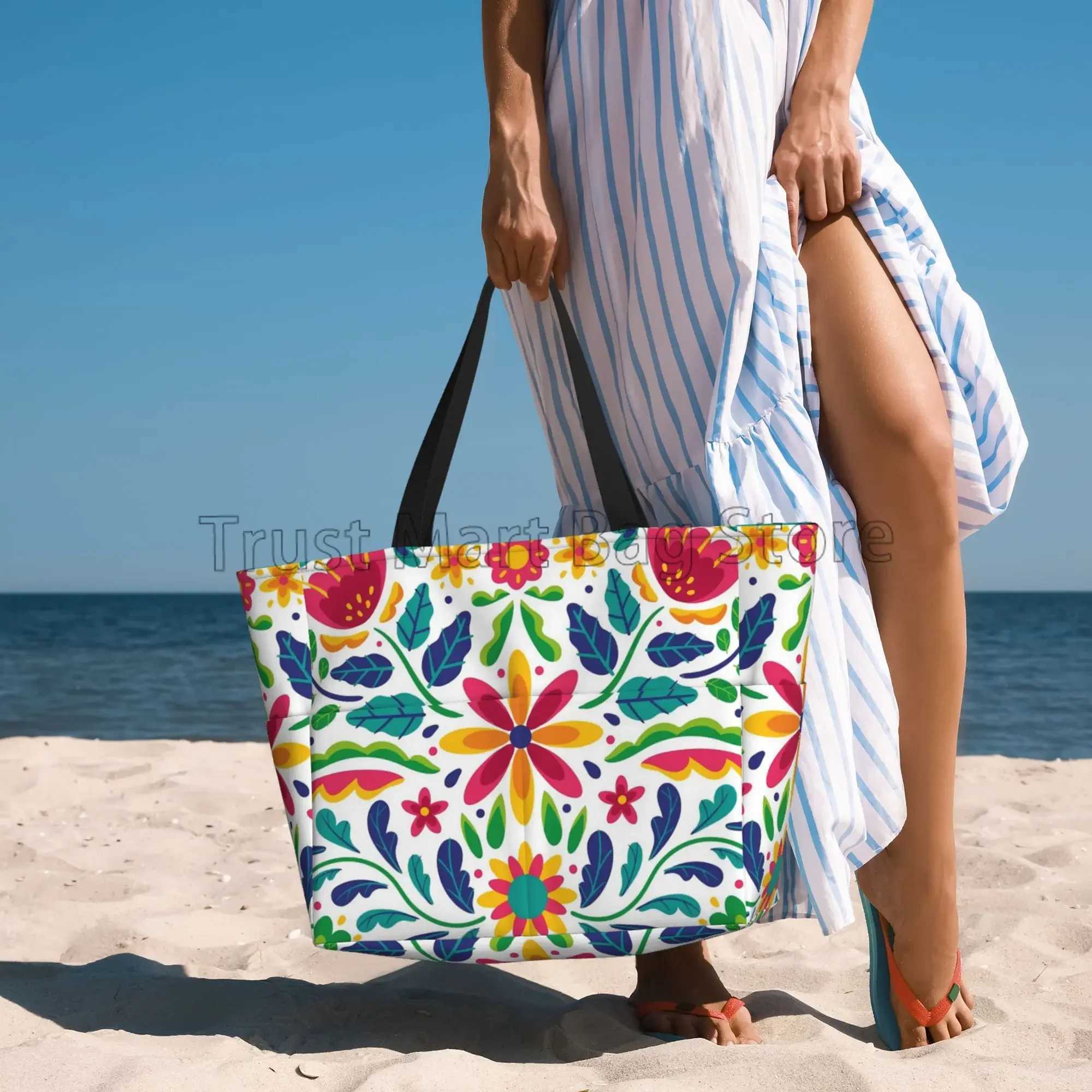 Mexican Flower Waterproof Beach Tote Pool Bags for Women Ladies Extra Large Gym Tote Carry on Bag for Weekender Travel Swim Z250219-1