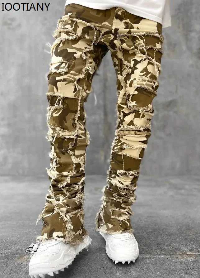 New Fashion Stretch Jeans Men Stacked Jeans Elastic Waist Straight Fit Patchworks Denim Long Pants Fringe Ripped Jeans For Men X250220
