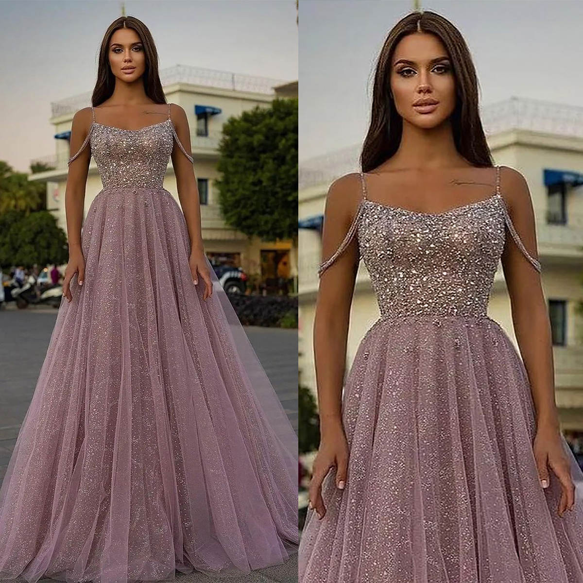 Graceful Glitter A-Line Tulle Prom Dresses For Women Sequins Evening Party Dresses Floor-Length Gowns 2025 Special Occasion Customized Vestido de novi