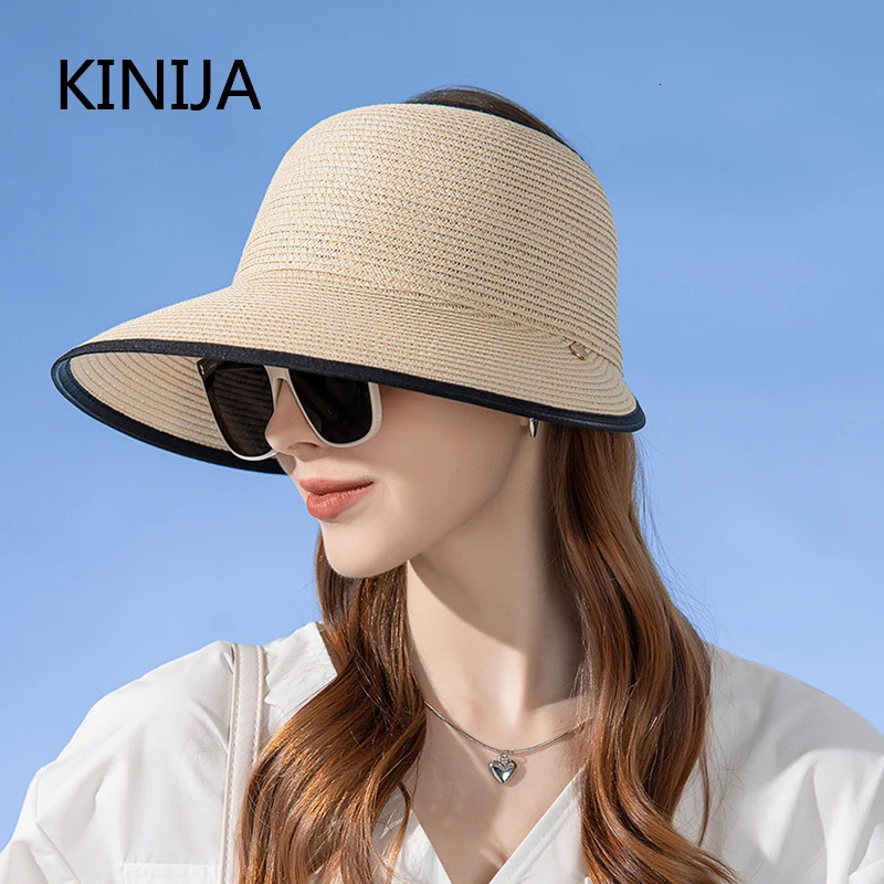 Women Roll Up Sun Visor Wide Brim Straw Hat Summer Hollow Out Dreathable UV Protection Cap for Beach Travel Bonnet Wholesale 250219