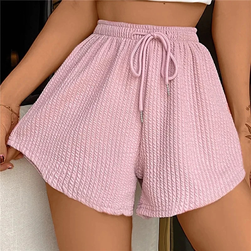 Shorts Pit Stripe Lace-up Drawstring Solid Hight Waist Wide Leg Sweat Fitness Running Loose Casual Sports Short Pants Women 250217