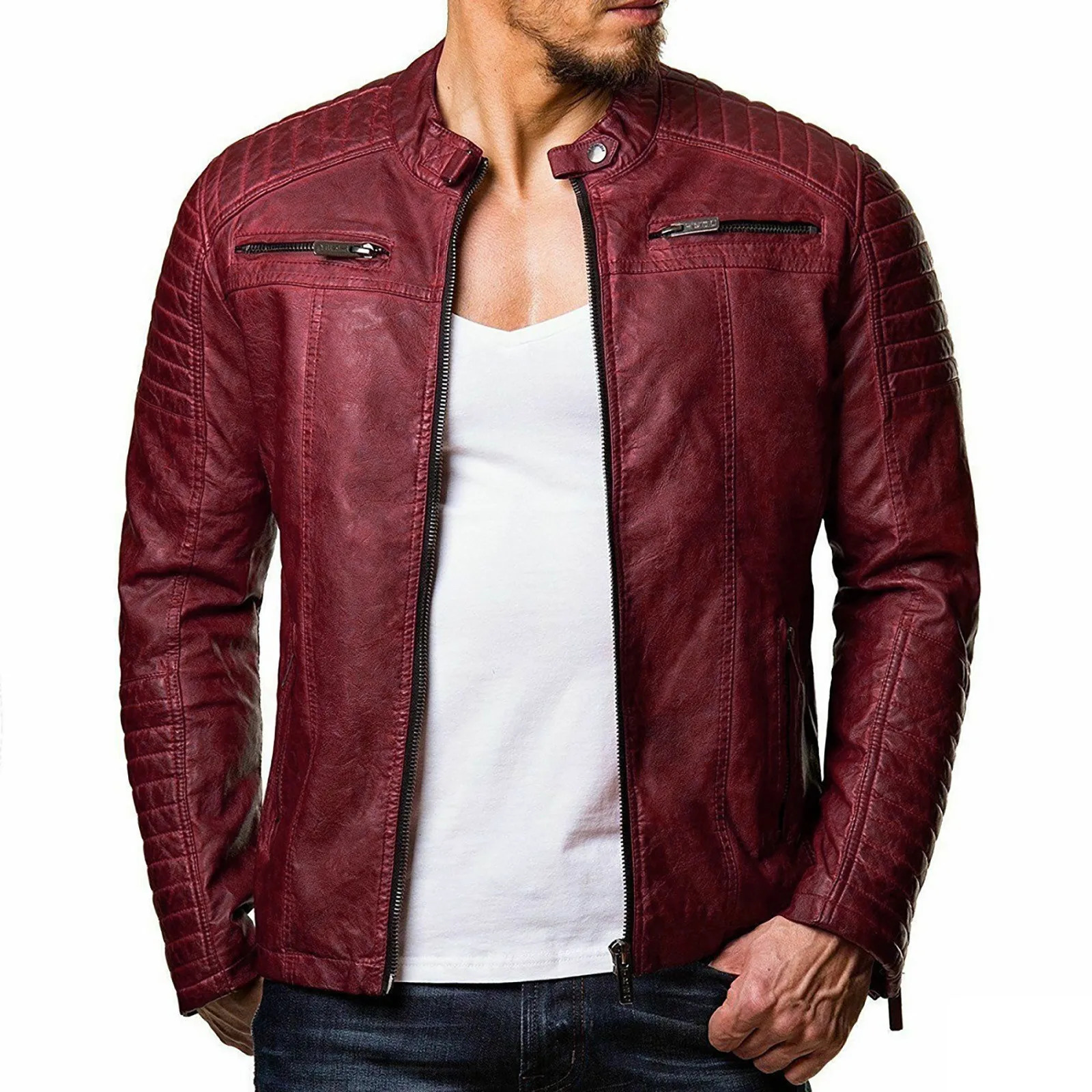 Fashion Mens Motorcycle Riding Leather Jacket Windproof Rainproof Solid Color Zipper Casual Hip Hop Varsity 250210