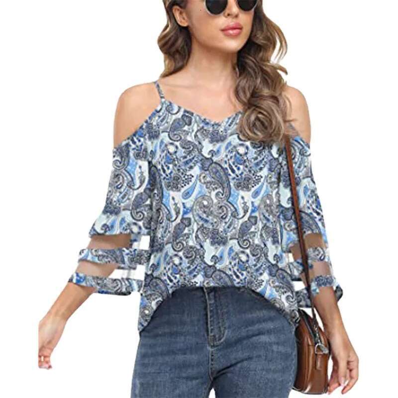 Women Sexy Off Shoulder Mesh Patchwork Blouses Summer Trendy V Neck 3/4 Sleeve Loose Shirts Vintage Paisley Print Blusas Mujer