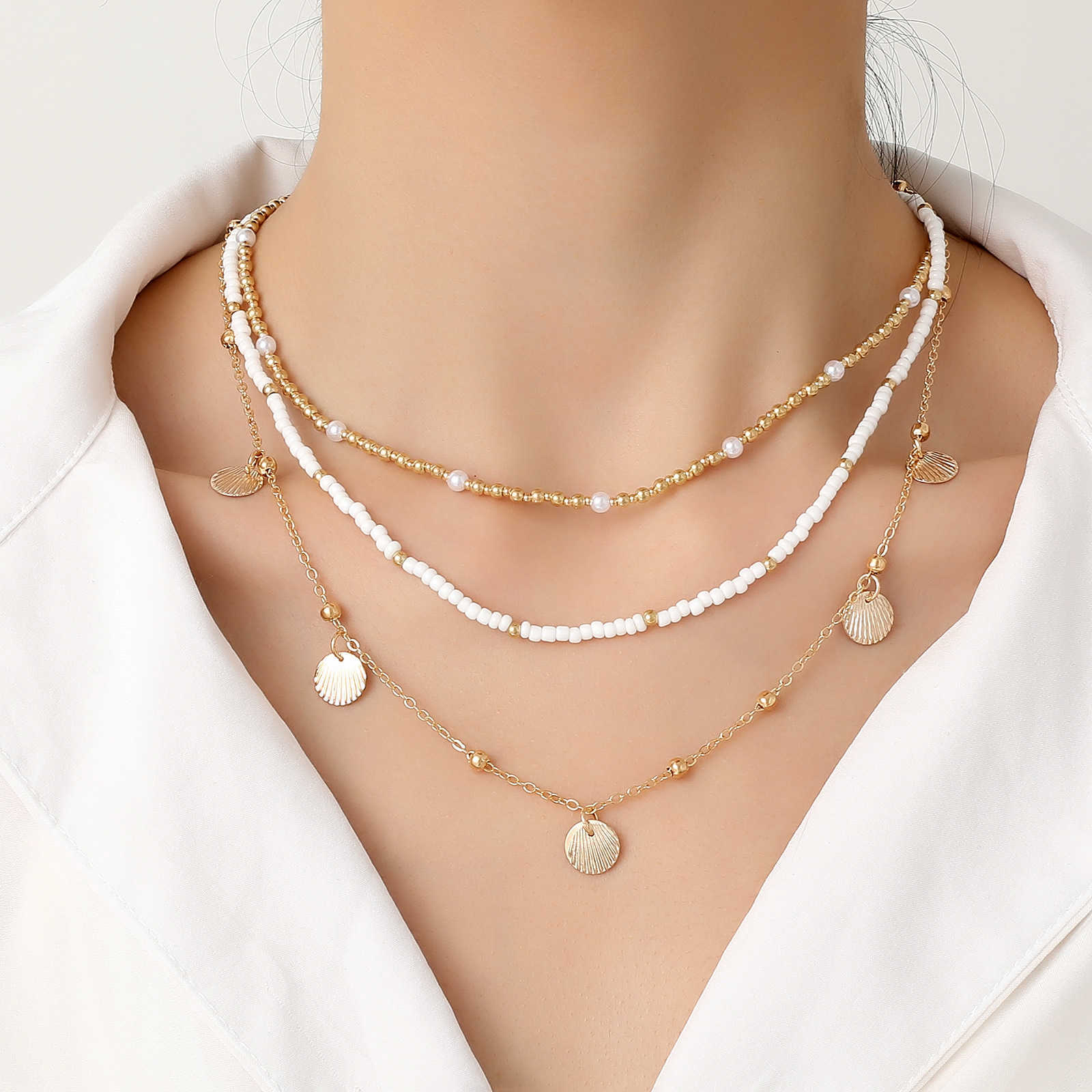 Pendant Necklaces Bohemian Metal Shell Stacked Rice Bead Necklace Female Ins Niche Pearl Bead Collar Chain H25219