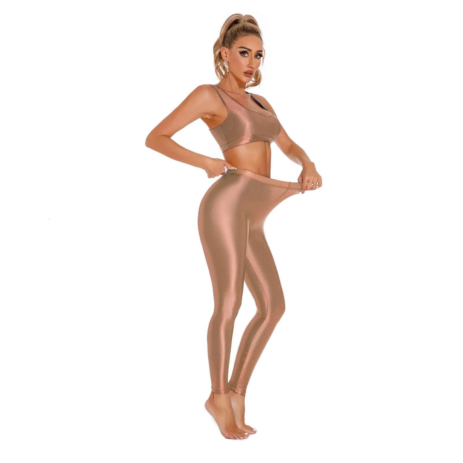 Womens Glossy Set Sportswear U Neck Racerback Crop Top With Elastic Waistband Leggings Sports Training Yoga Gym Fiess