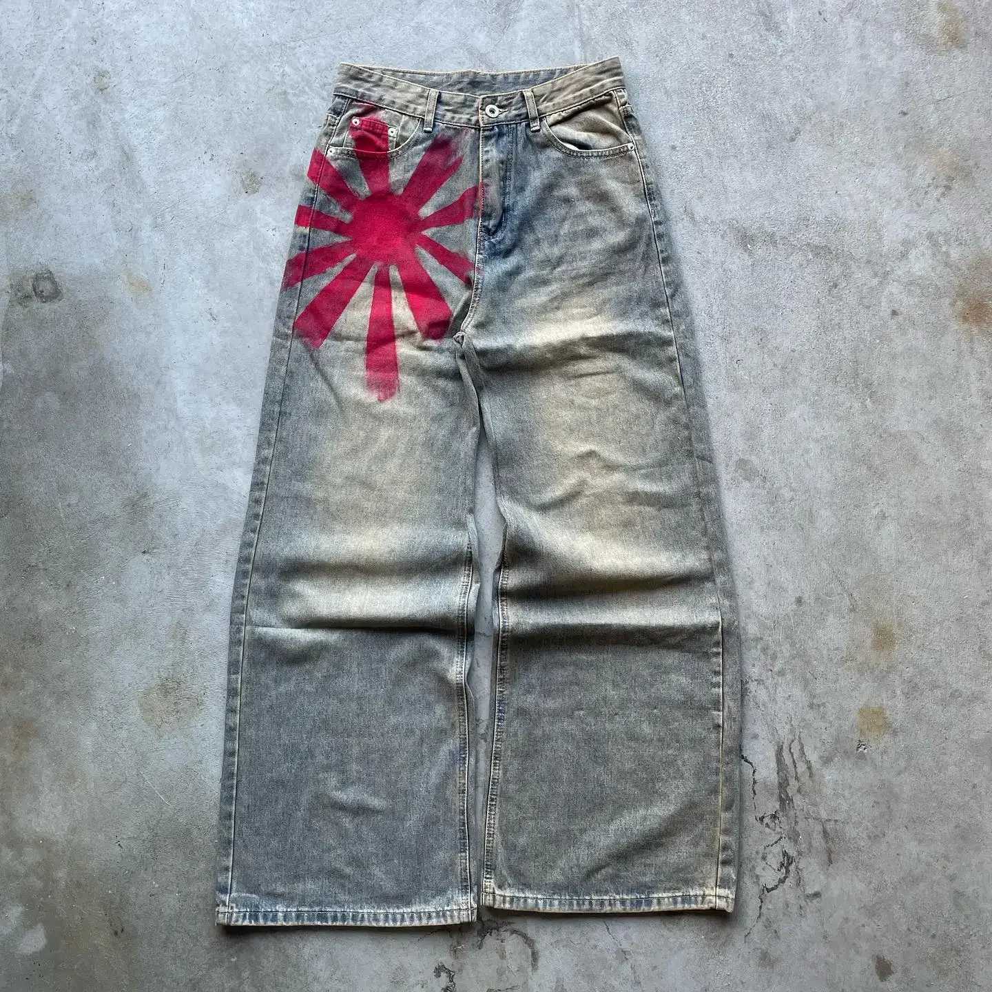 Y2K retro streetwear red print grey washed bag jeans mens Harajuku womens gothic skateboard pants fashionable wide leg pants X250220